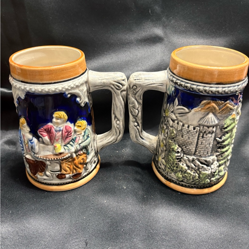 Ceramic Beer Steins with Blue and Brown Accents - Picture 2 of 5
